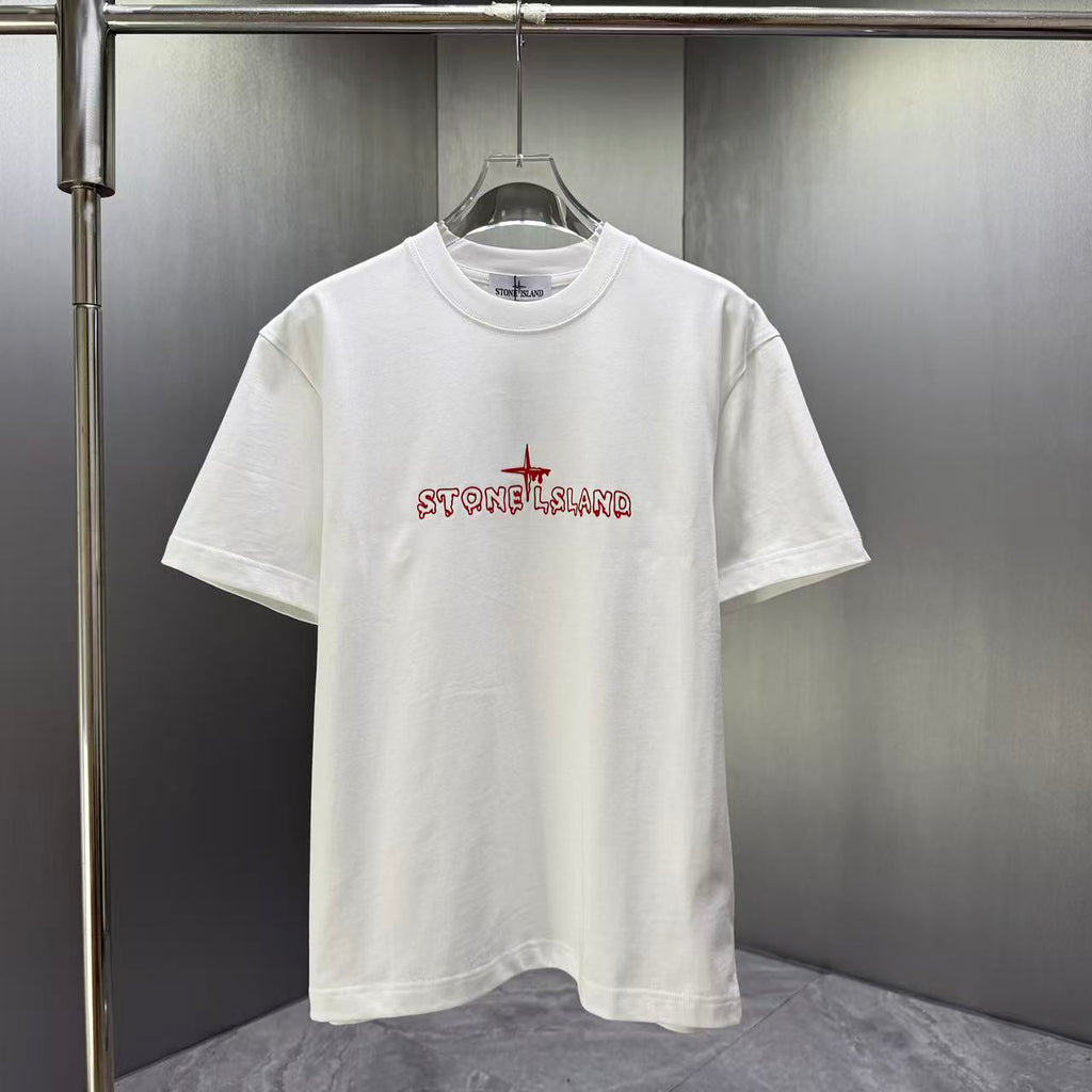 Stone Island Spring–Summer 2026 T-Shirt — Flock-Print Bubble Letter Logo, Compass Star Centre Chest