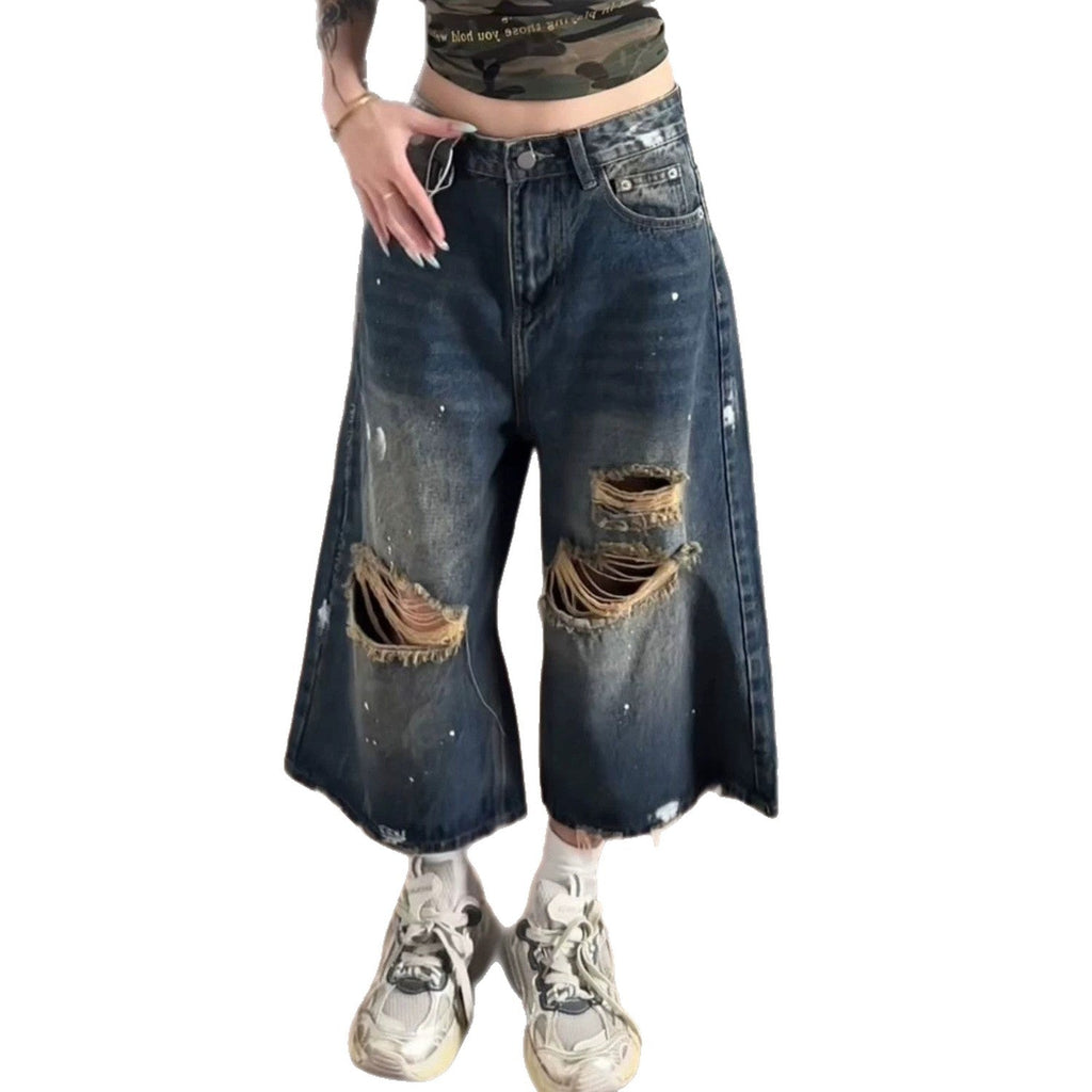 Vintage Distressed Washed Capri Denim Wide Leg Baggy Shorts