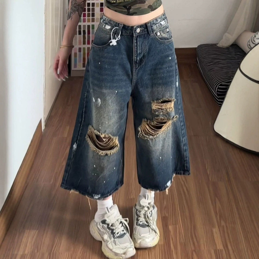 Vintage Distressed Washed Capri Denim Wide Leg Baggy Shorts
