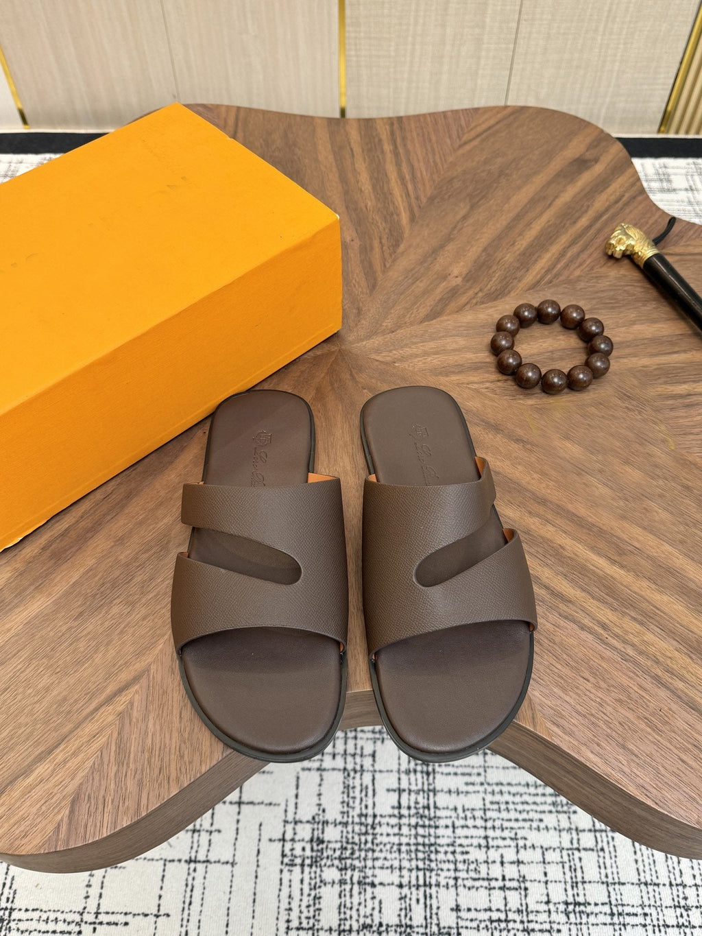 Loro Piana Men's Dark Brown Leather Slide Sandals