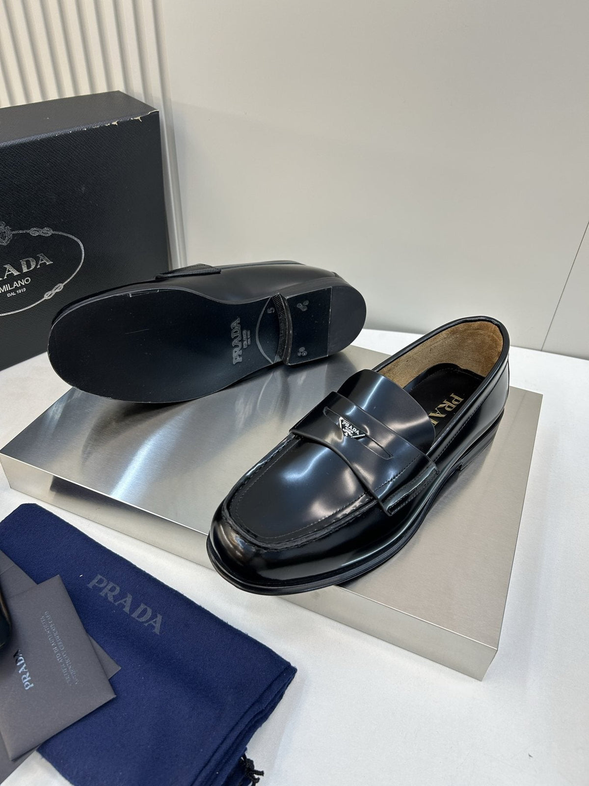 Prada Black Glossy Moc-Toe Loafers