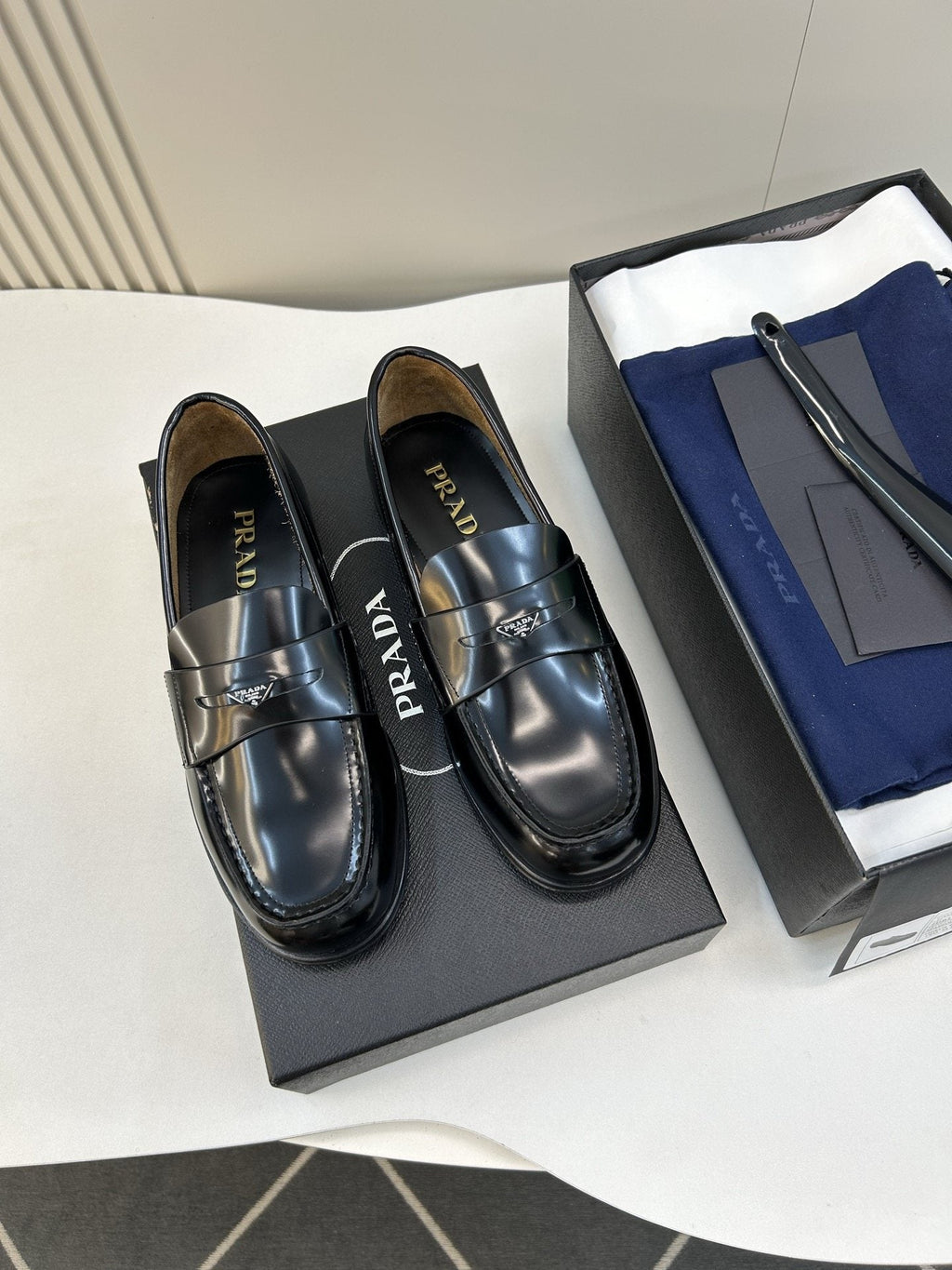 Prada Black Glossy Moc-Toe Loafers