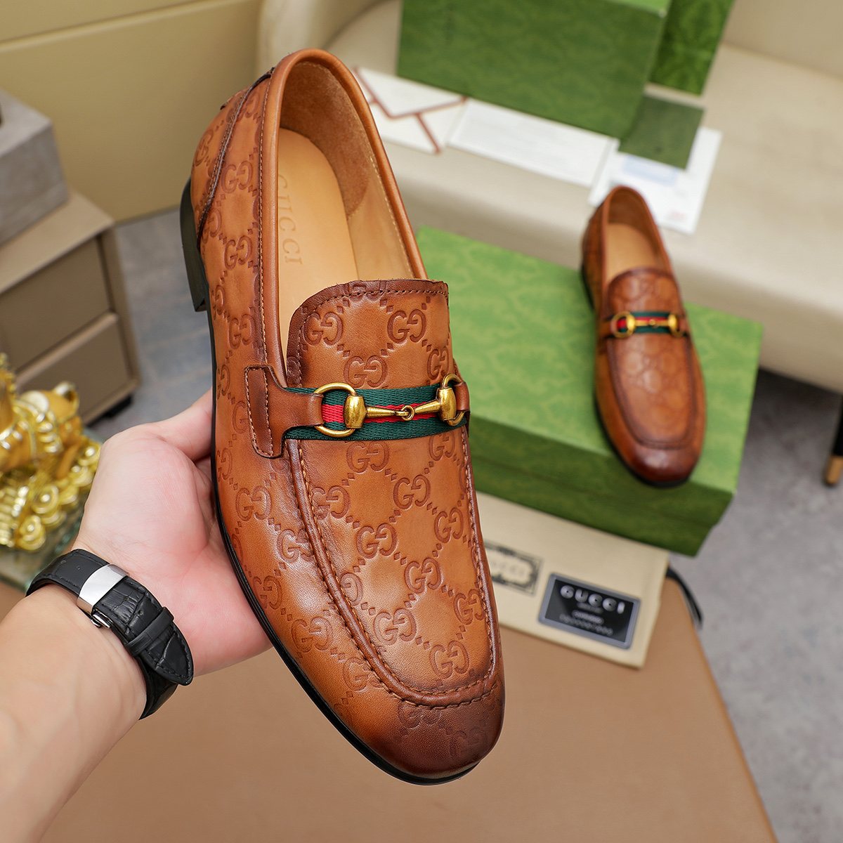 Gucci Patterned Metal-Bit Loafers