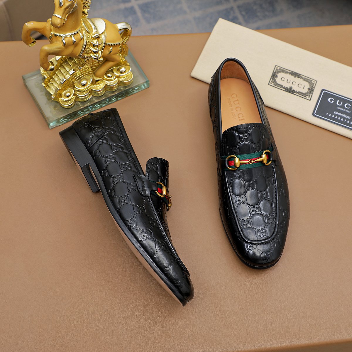 Gucci Patterned Metal-Bit Loafers