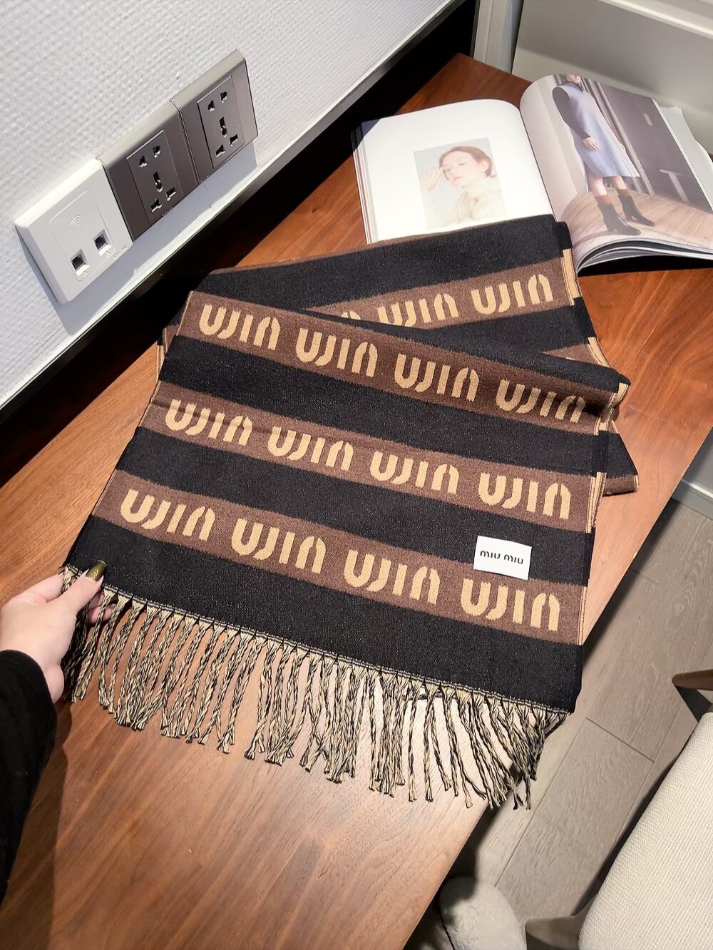 Miu Miu Gray, Black & White Fringed Scarf